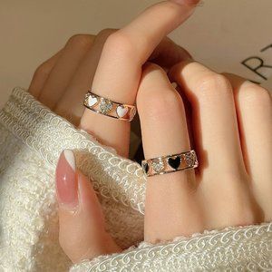 3/$35 Black Heart Clear Rhinestones Diamond Gold Adjustable Open Ring Jewelry